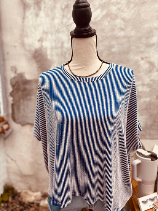 Ribbed Striped Oversized Short Sleeve Top