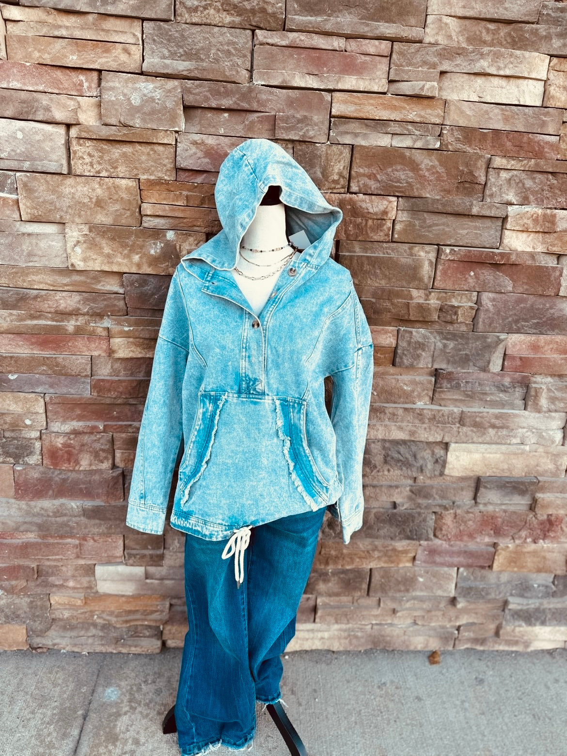 Washed Denim Casual Hood Pullover Top