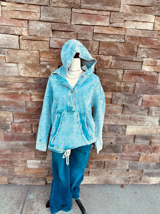 Washed Denim Casual Hood Pullover Top