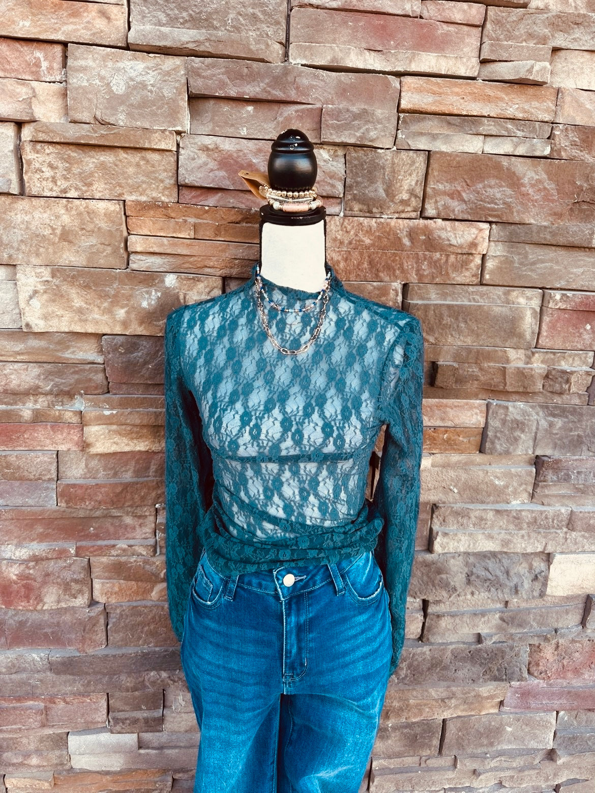 High Neck Fitted Sheer Mesh Lace Knit Top