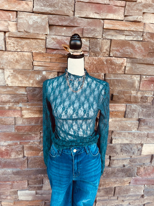 High Neck Fitted Sheer Mesh Lace Knit Top