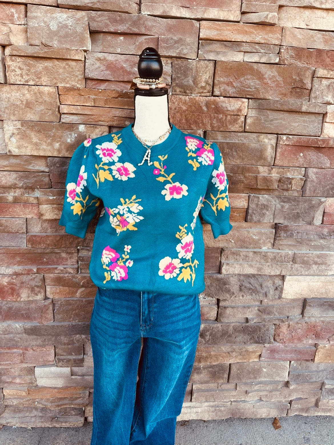 LDC Flower Pattern Knit Short Sleeve Top