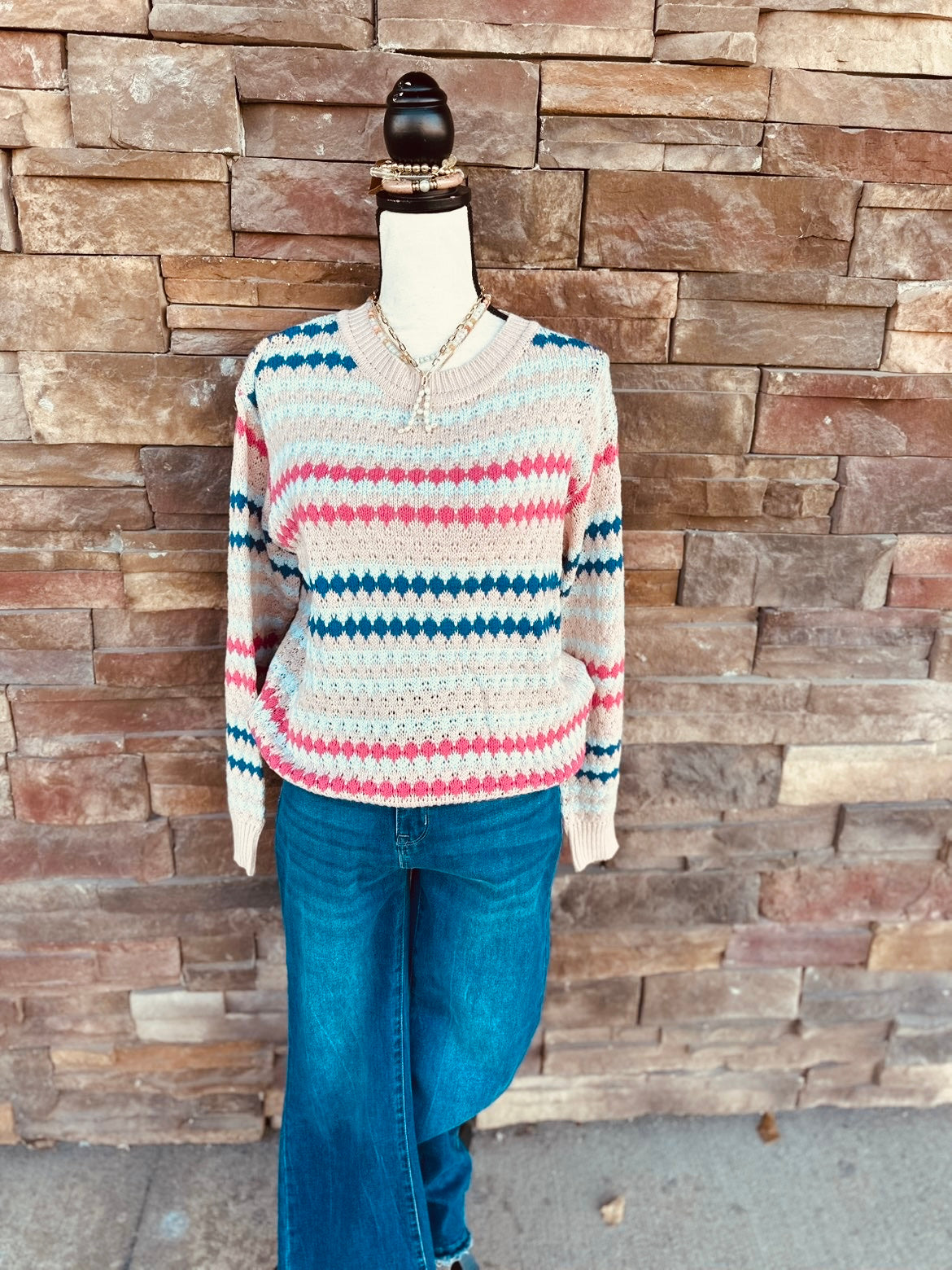 LDC Stripe Eyelet Patterned Drop Shoulder Sweater
