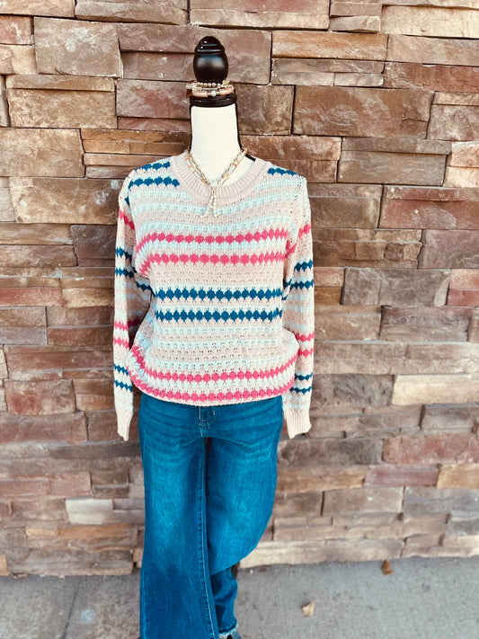 LDC Stripe Eyelet Patterned Drop Shoulder Sweater