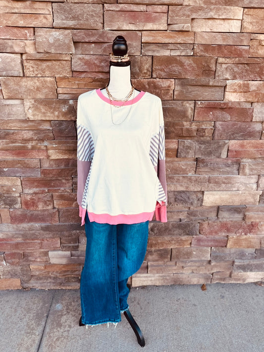 LDC Color Block Striped Patchwork Dolman Slit Sweatshirt