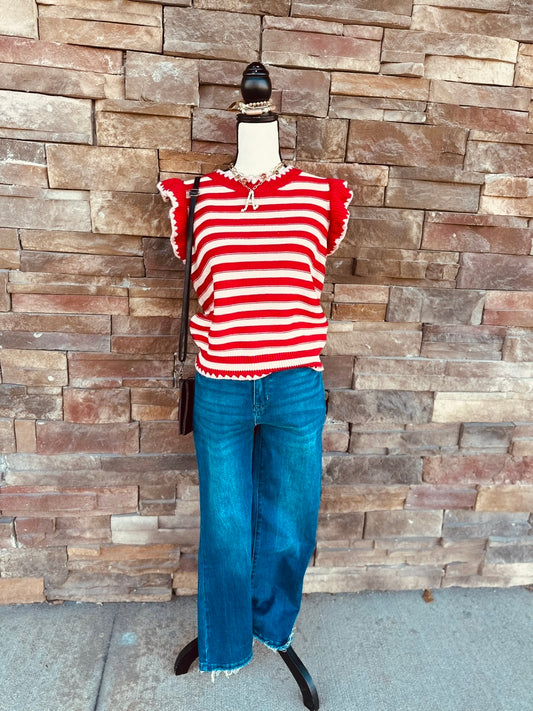 STRIPED FLUTTER SLEEVE SWEATER TOP