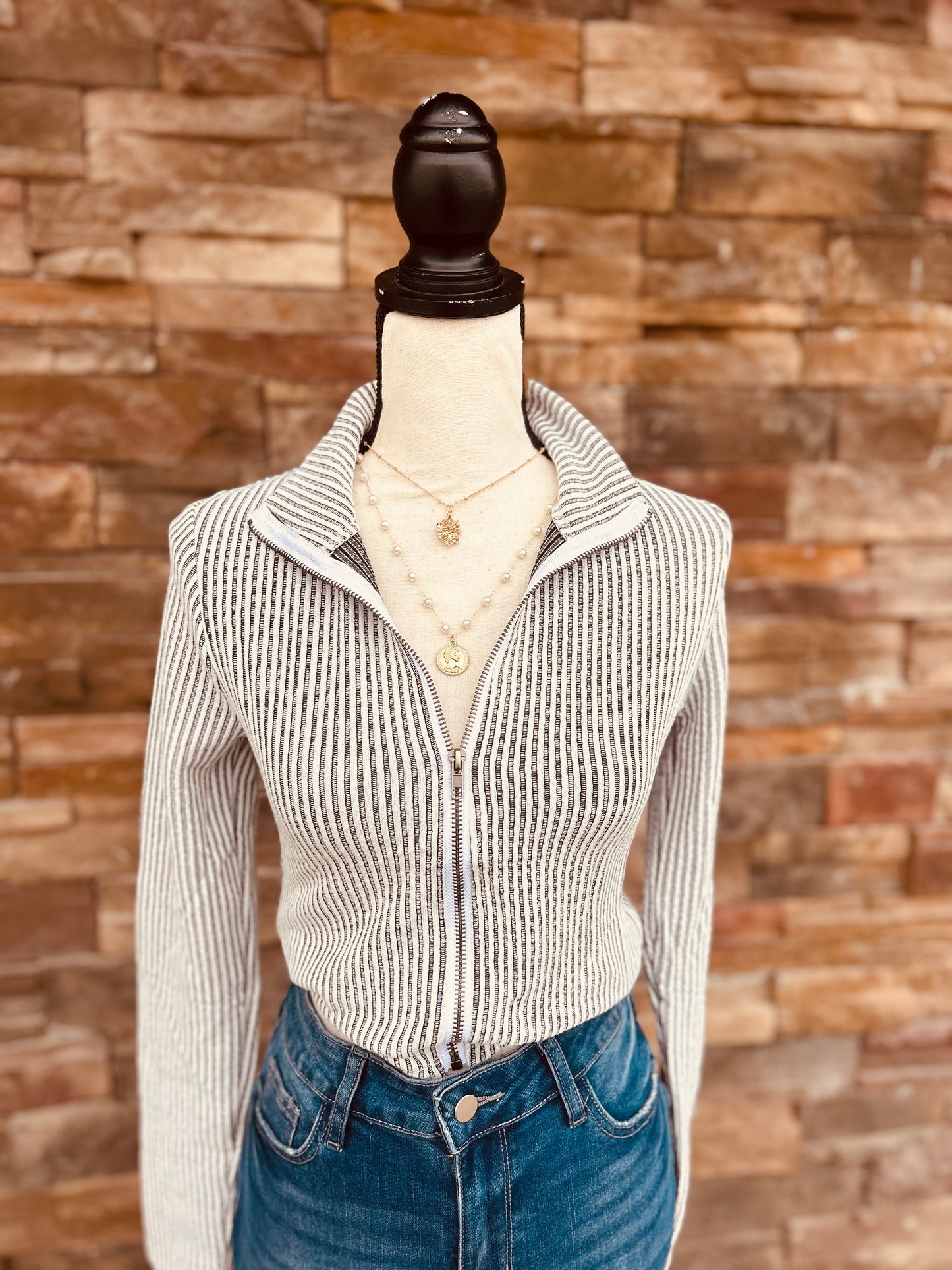 Striped Zip-Up Knit Top