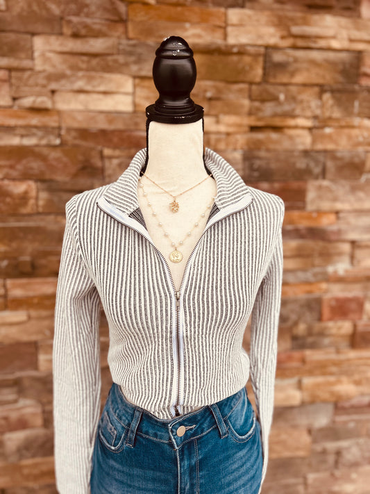 Striped Zip-Up Knit Top