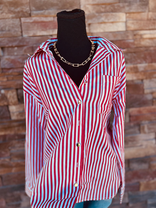 Long Sleeve L/S Red Stripe Pocket Shirt
