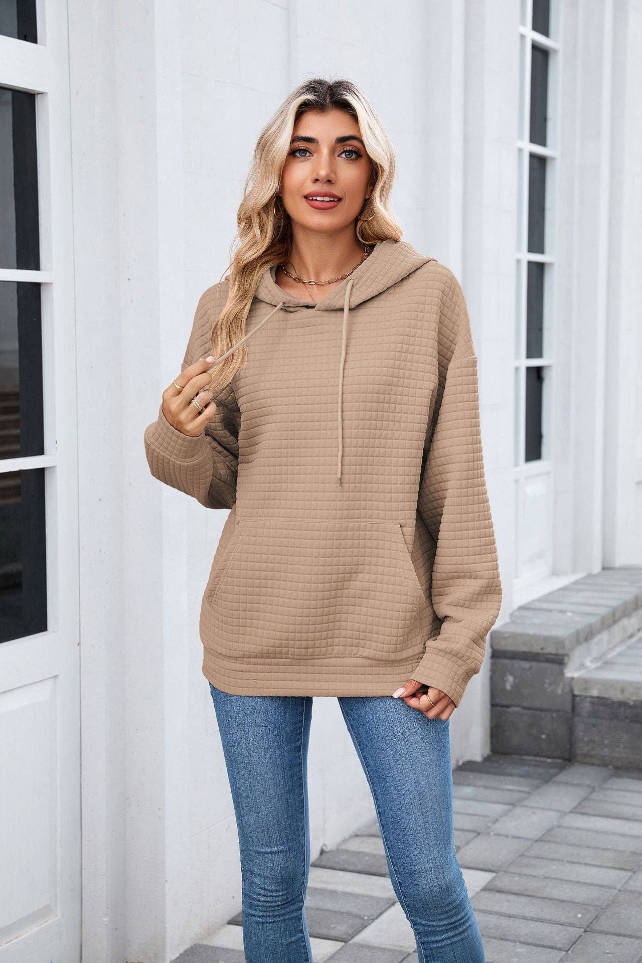 Waffle Knit Hoodie | Oversized Pullover with Kangaroo Pocket