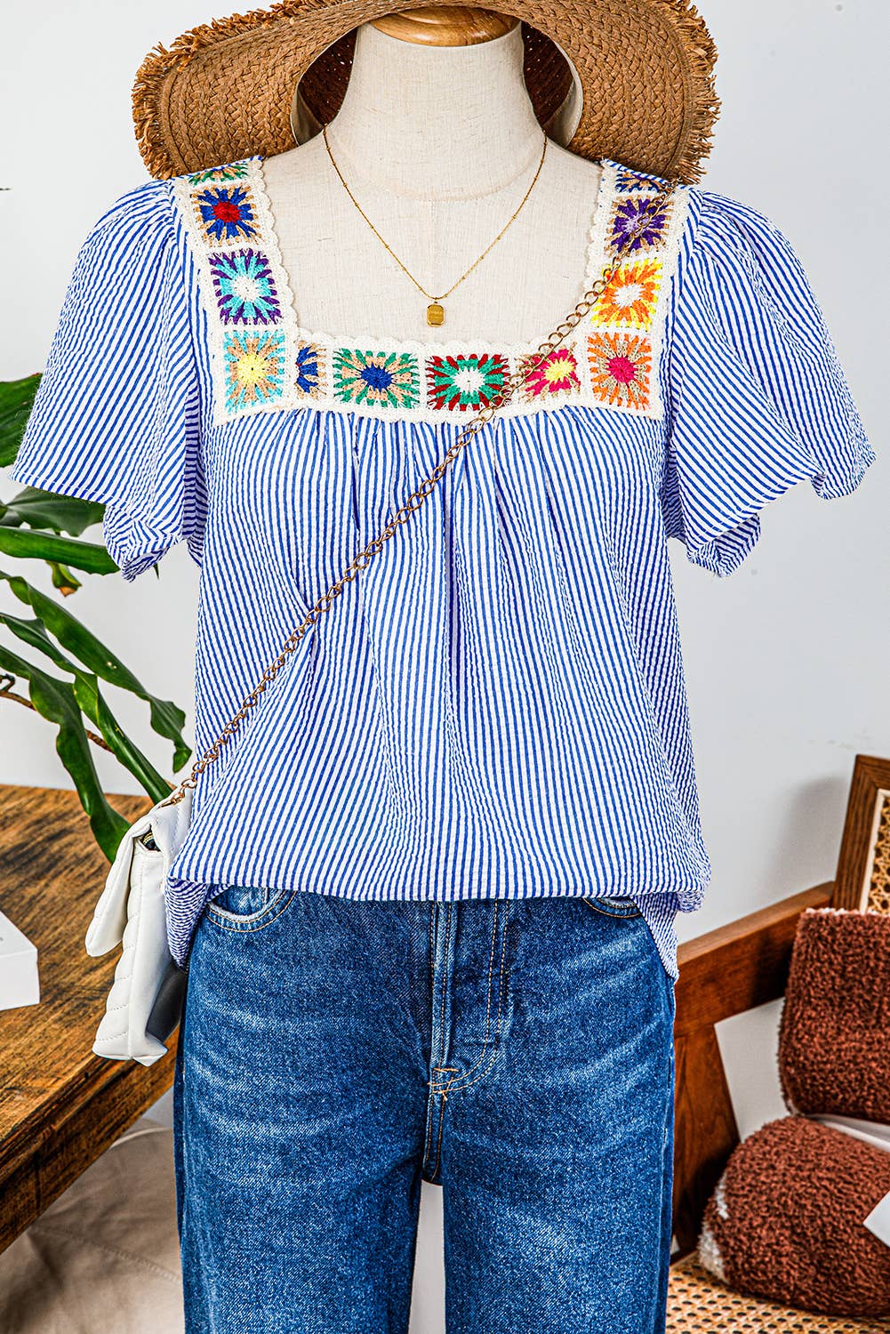 Stripe Texture Ruffle Short Sleeve Boho Detail Blouse