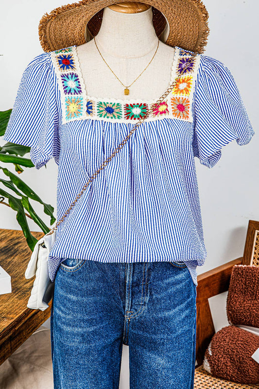 Stripe Texture Ruffle Short Sleeve Boho Detail Blouse
