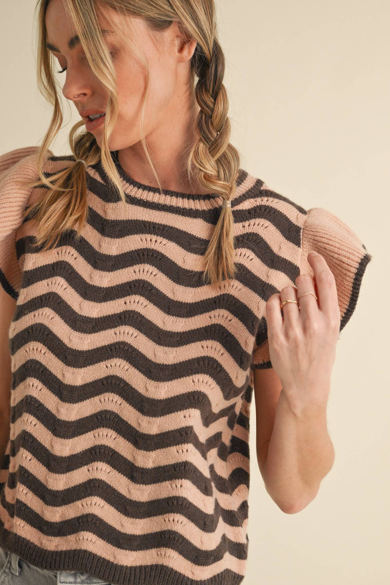WAVY STRIPES FLUTTER SLEEVE SWEATER TOP MSW10509