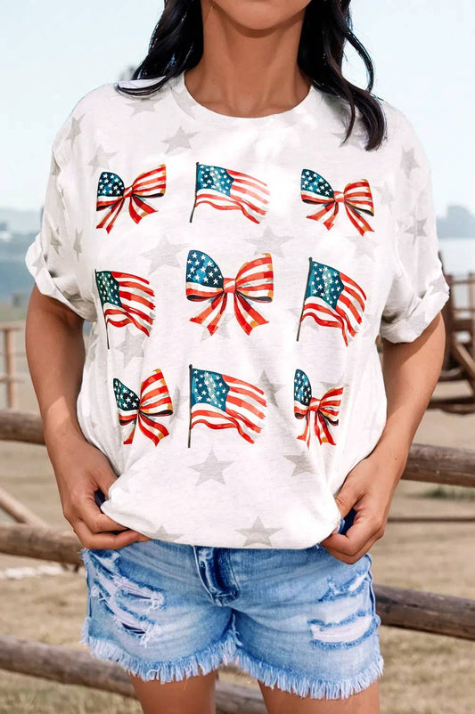 Fashion-W Patriotic Flag Bow Graphic Starry T Shirt