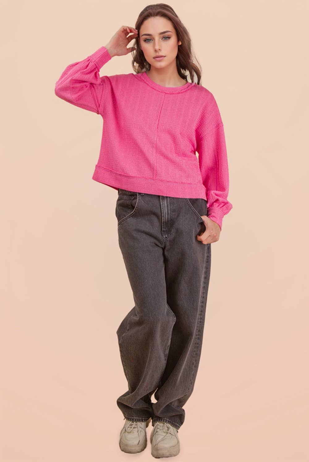 Raw Edge Detail Oversized Textured Knit Top