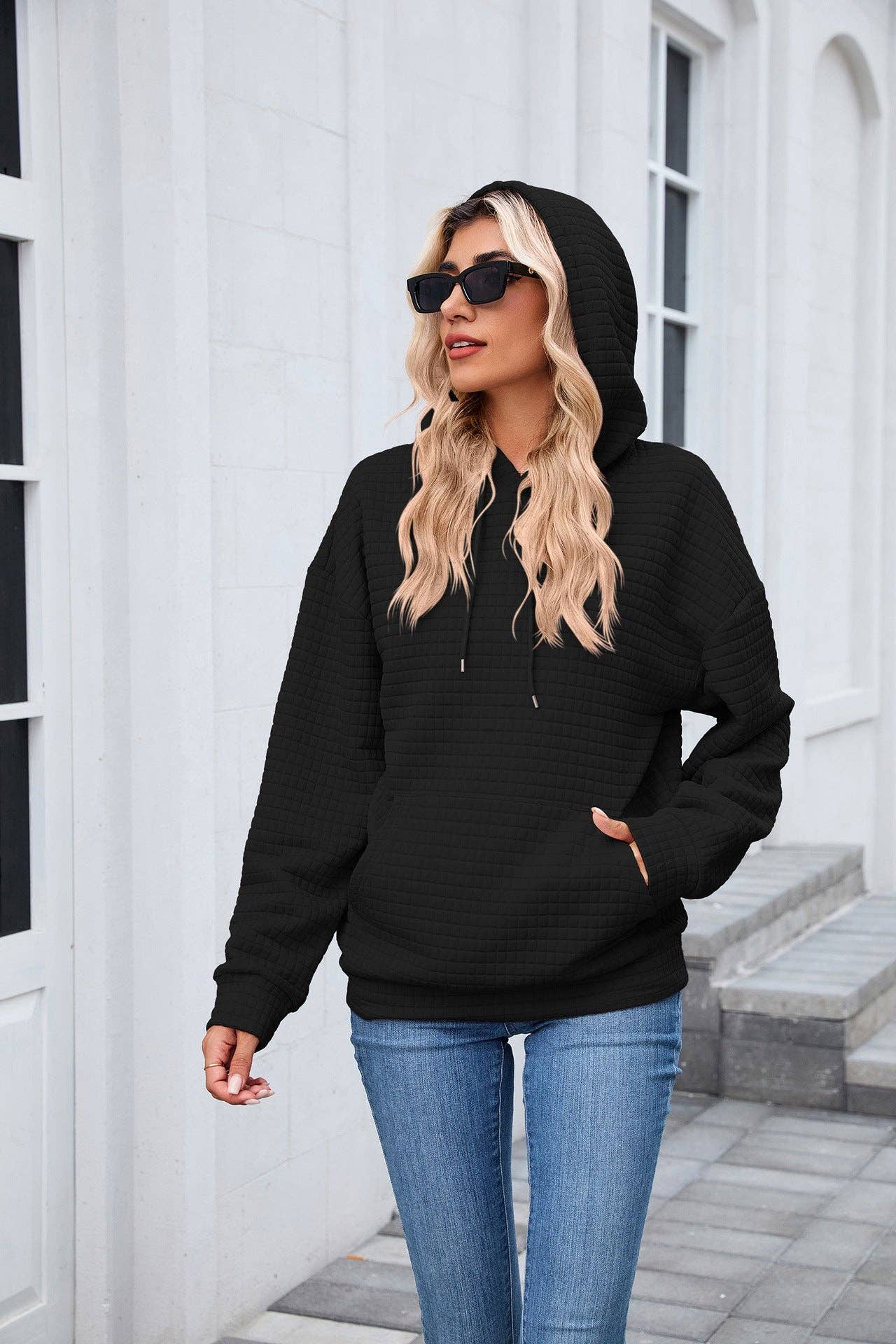 Waffle Knit Hoodie | Oversized Pullover with Kangaroo Pocket