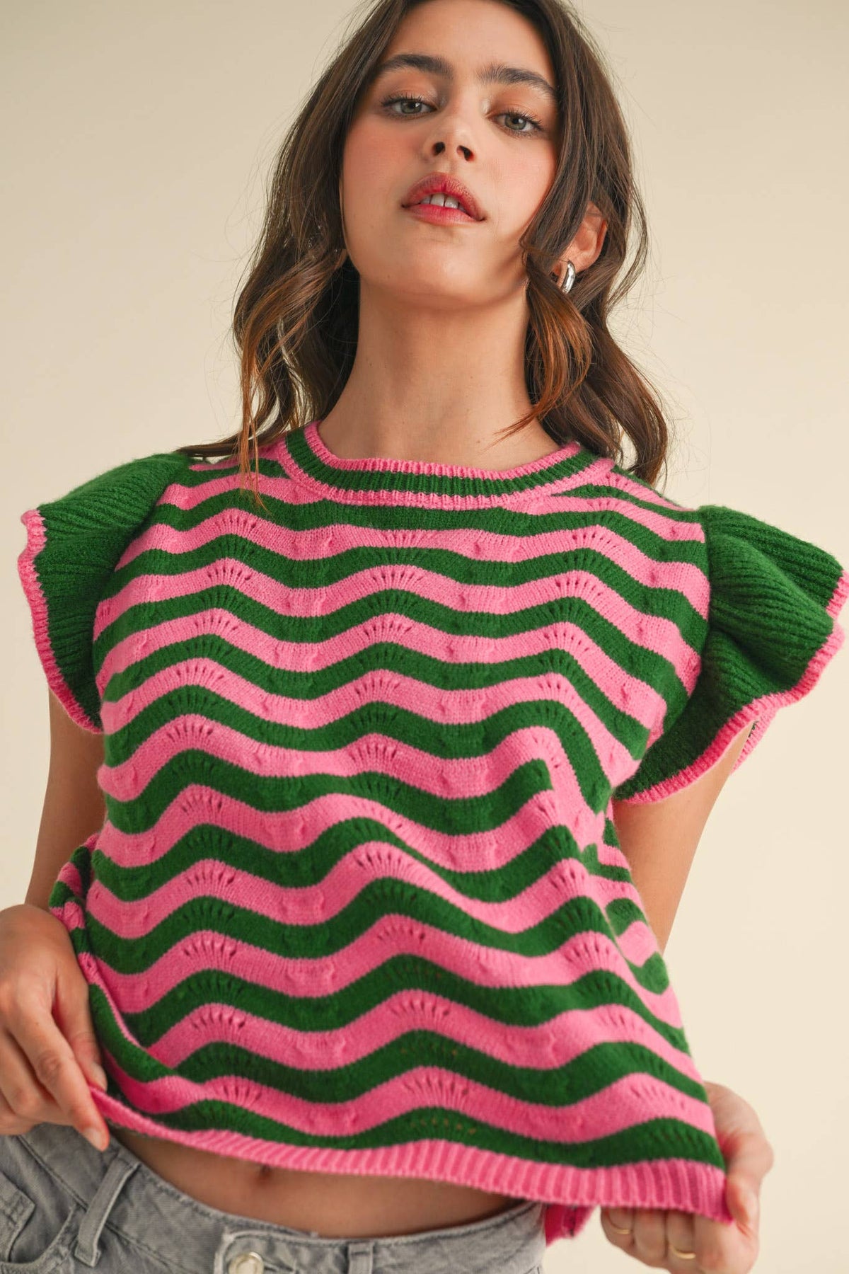 WAVY STRIPES FLUTTER SLEEVE SWEATER TOP MSW10509