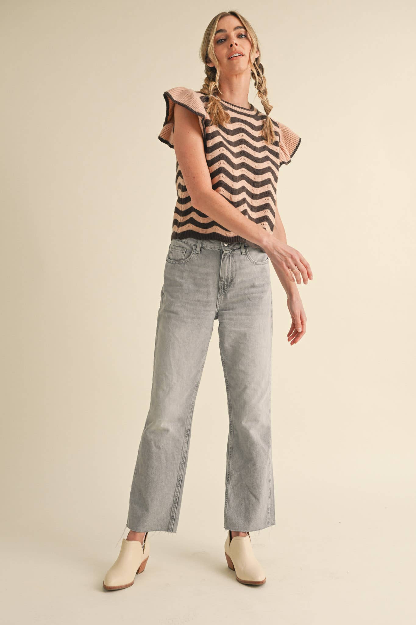 WAVY STRIPES FLUTTER SLEEVE SWEATER TOP MSW10509
