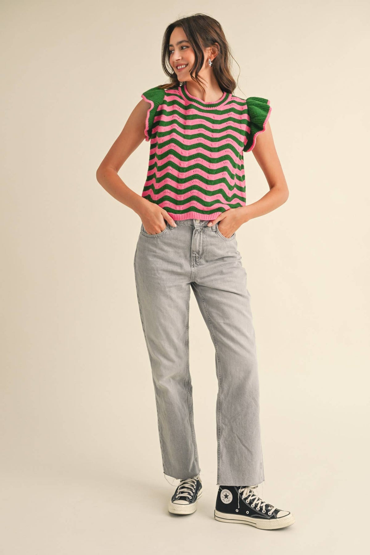 WAVY STRIPES FLUTTER SLEEVE SWEATER TOP MSW10509