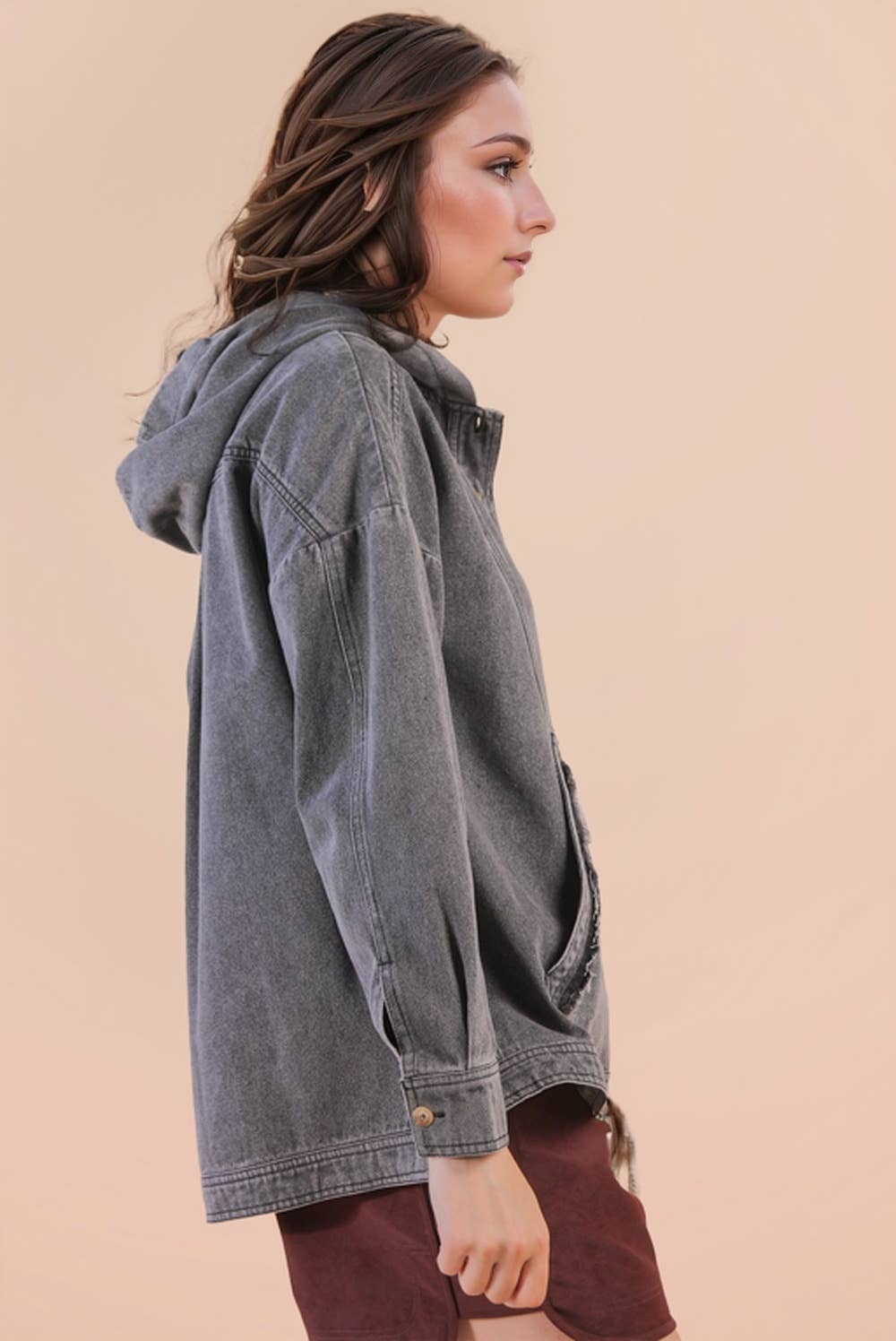 Washed Denim Casual Hood Pullover Top