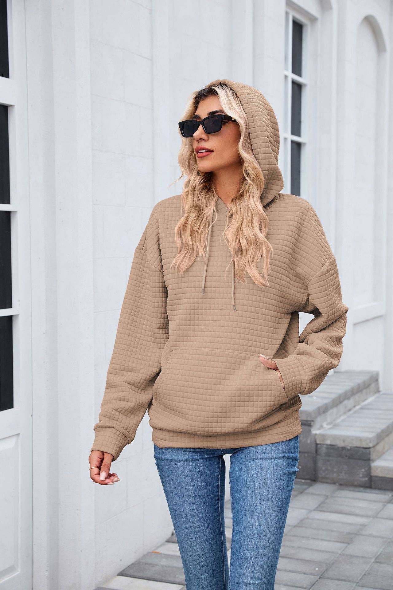 Waffle Knit Hoodie | Oversized Pullover with Kangaroo Pocket