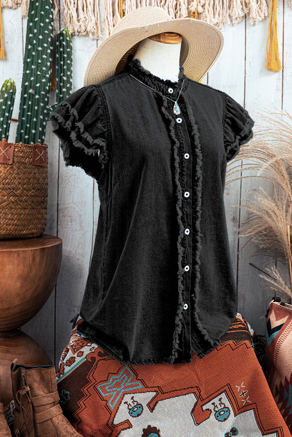 Fashion-W Western Button Ruffles Flutter Frayed Denim Top