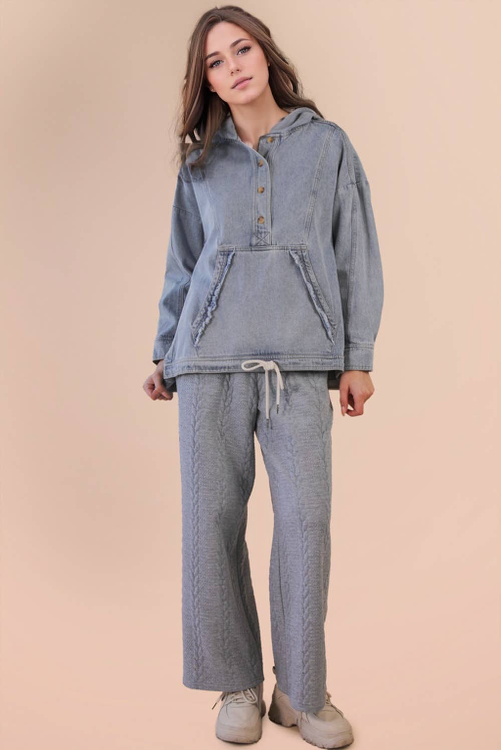 Washed Denim Casual Hood Pullover Top