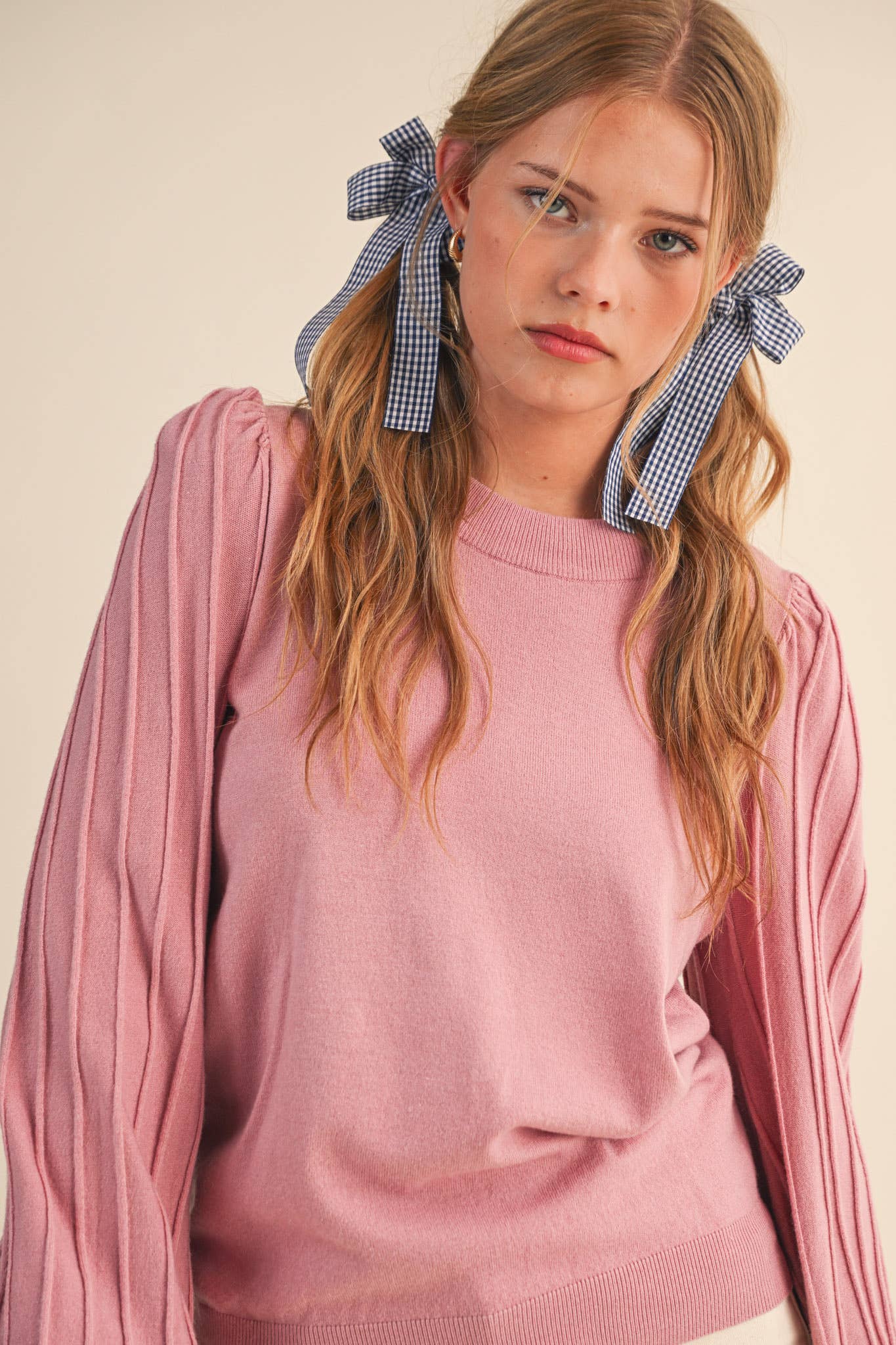 STRIPE TEXTURE PUFF SLEEVE SWEATER MSW9485