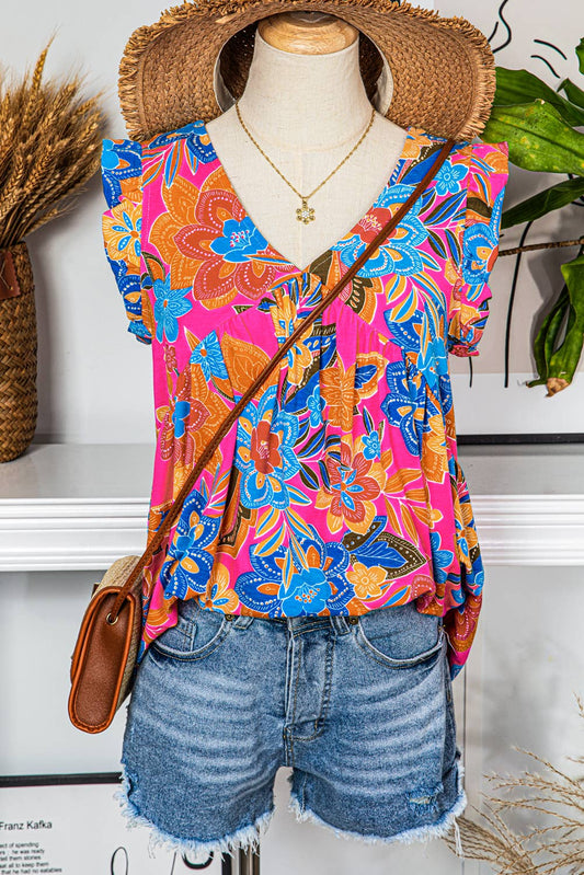 Fashion-W Boho Pattern Flounce V Neck Tank Top