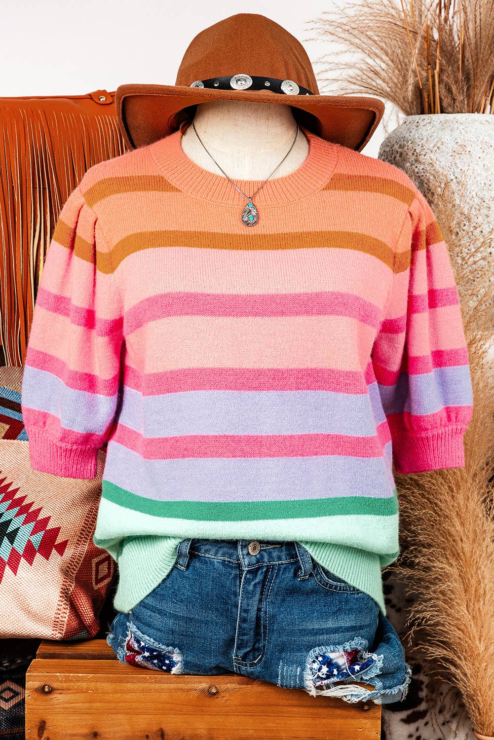 Fall Clothing Colorful Stripe Bubble Short Sleeve Sweater