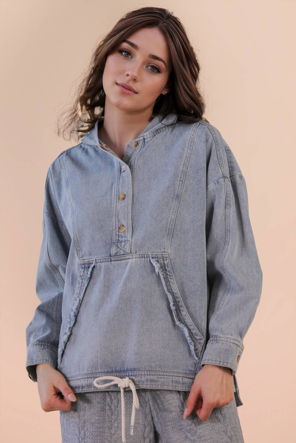 Washed Denim Casual Hood Pullover Top