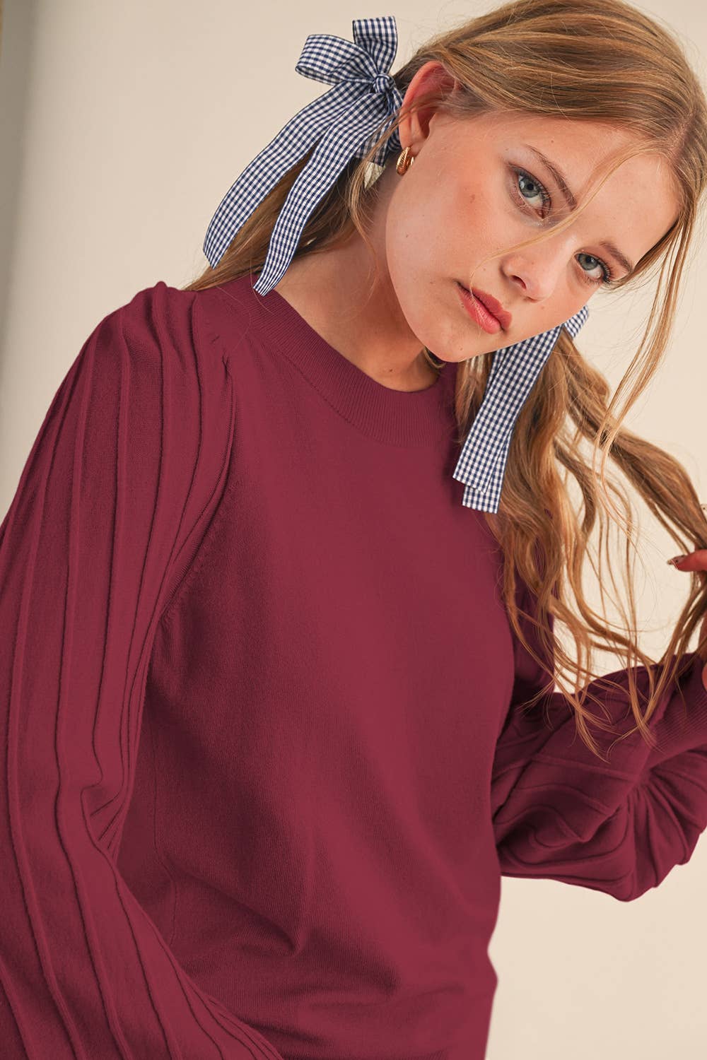 STRIPE TEXTURE PUFF SLEEVE SWEATER MSW9485