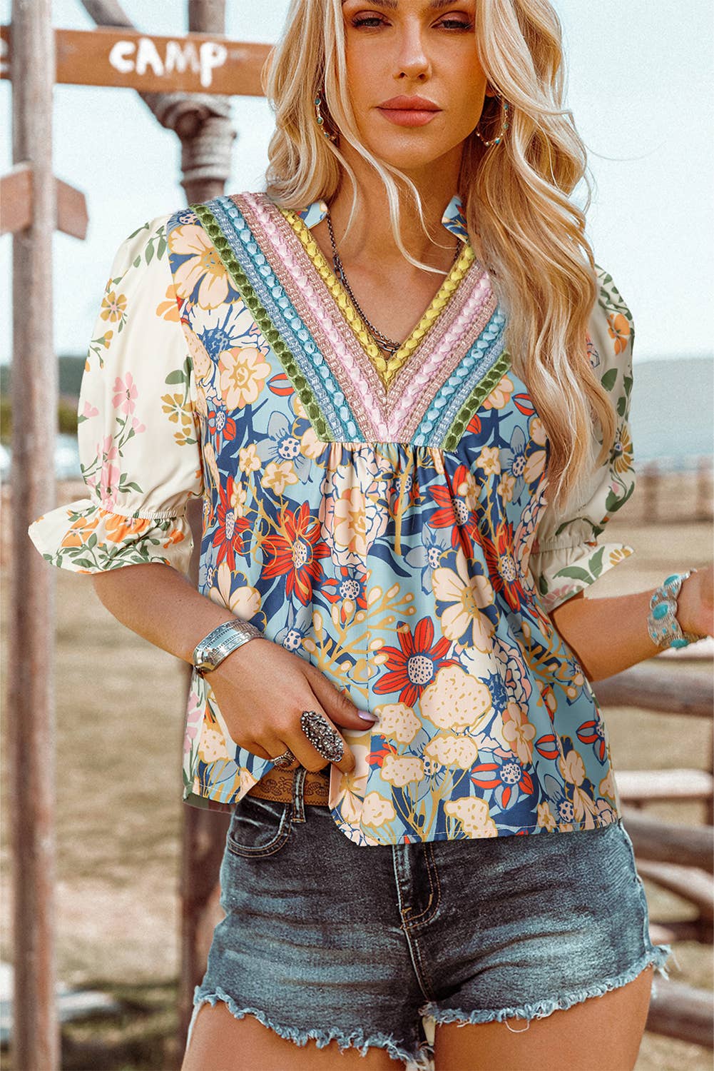 Crochet Boho Half Sleeve Floral Blouse-Missy & Plus Size