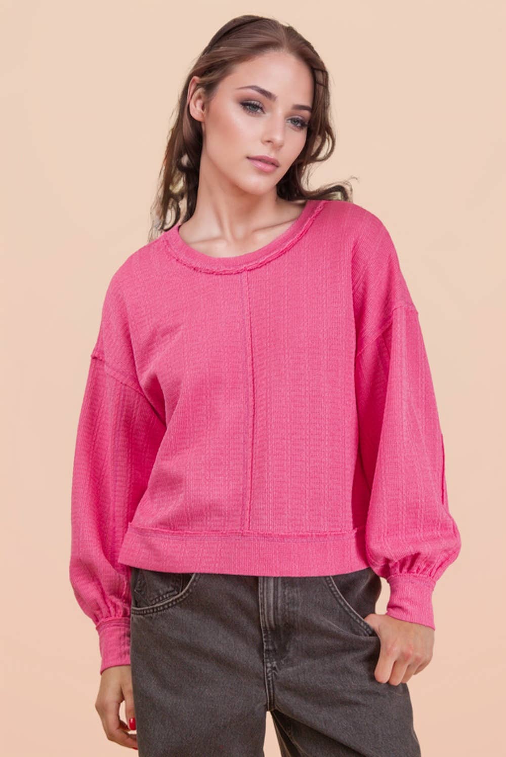 Raw Edge Detail Oversized Textured Knit Top