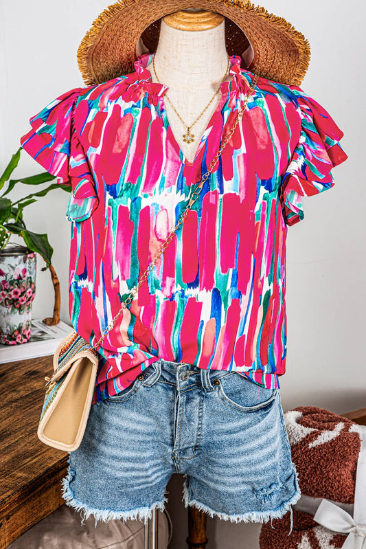Fashion-W Abstract Print Ruffled Sleeve Frill V Neck Blouse