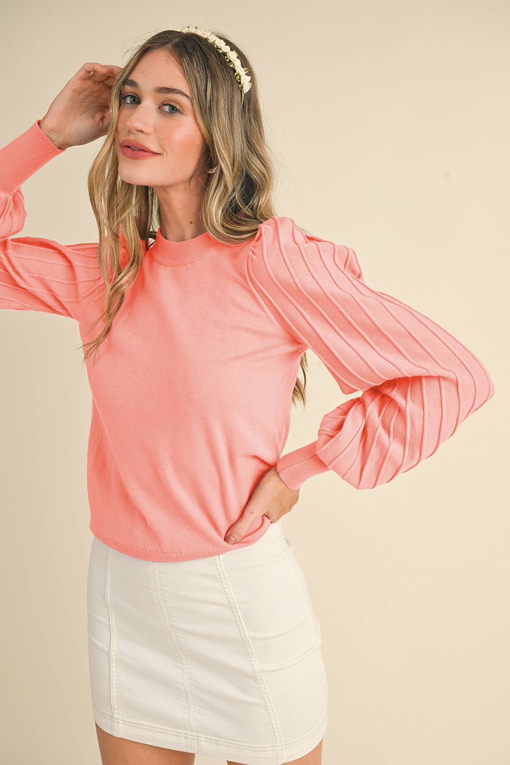 STRIPE TEXTURE PUFF SLEEVE SWEATER MSW9485