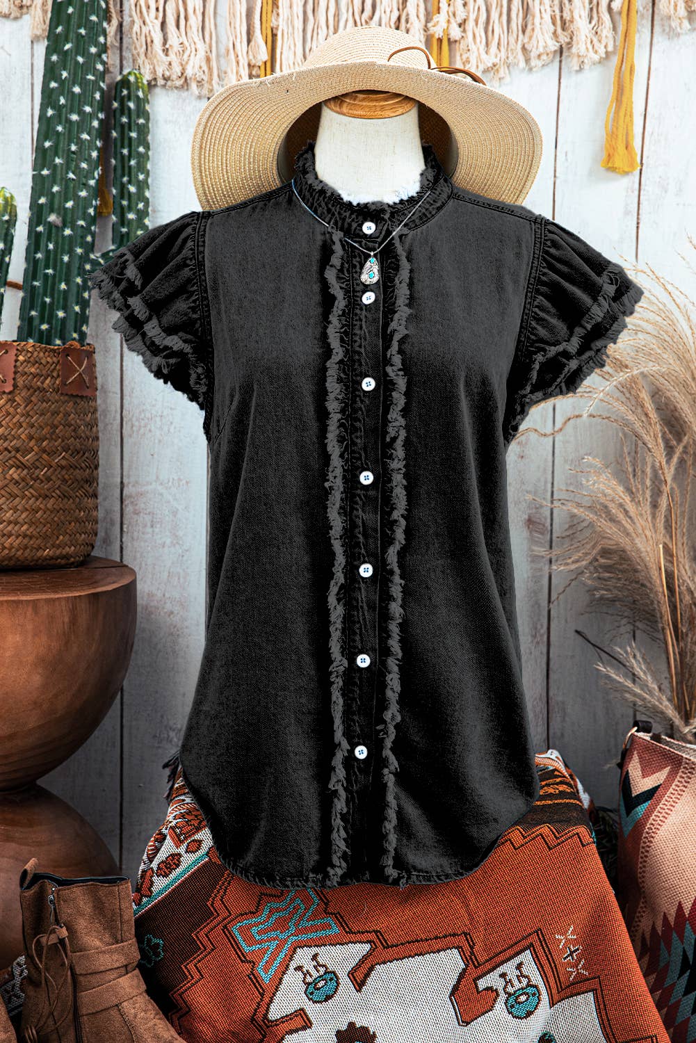 Fashion-W Western Button Ruffles Flutter Frayed Denim Top