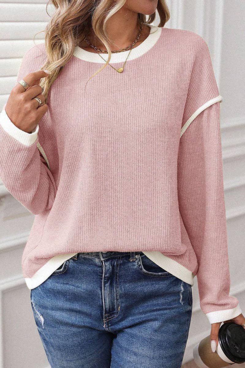 Colorblock Crewneck Knit Look Long Sleeve Pullover Top