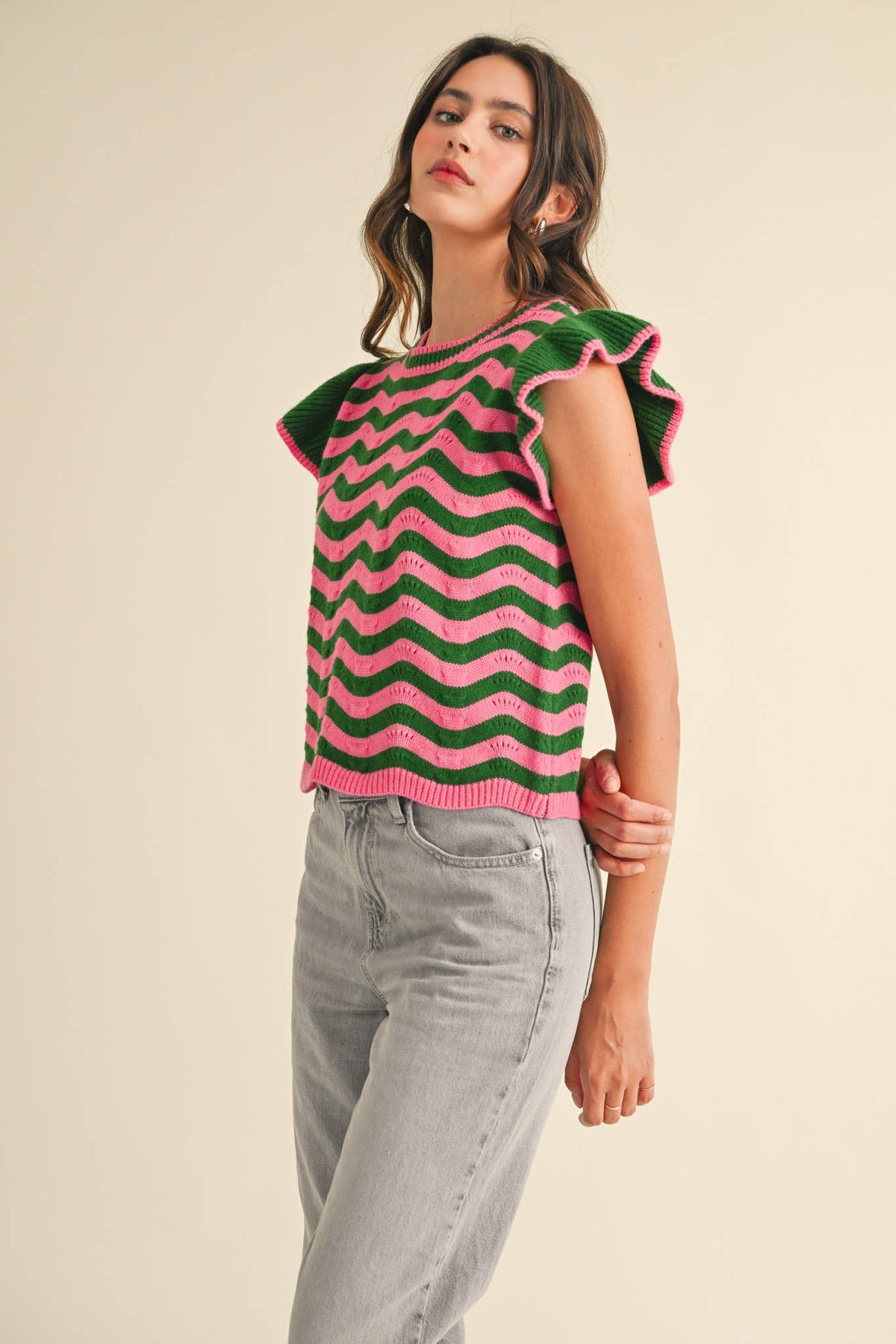 WAVY STRIPES FLUTTER SLEEVE SWEATER TOP MSW10509