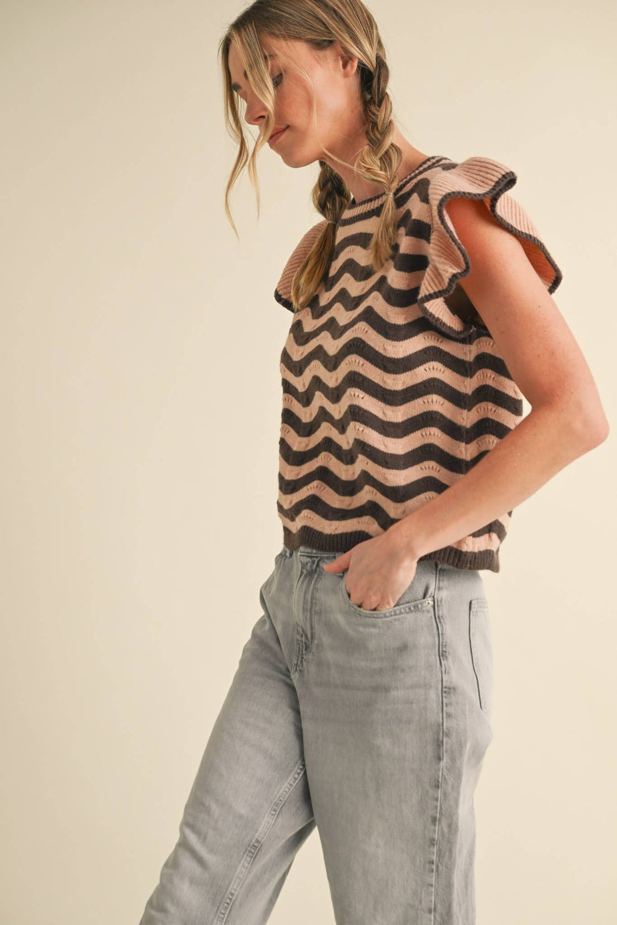 WAVY STRIPES FLUTTER SLEEVE SWEATER TOP MSW10509