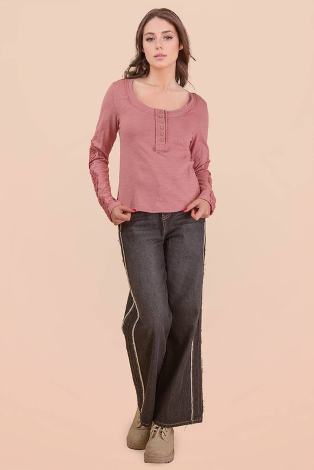 Sleeve Lace Trim Solid Knit Top