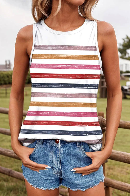 Fashion-W Stripe Rainbow Round Neck Tank Top