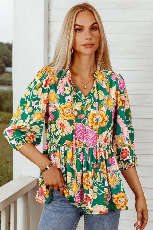 Fashion Fall Floral Puff Sleeve V Neck Peplum Blouse