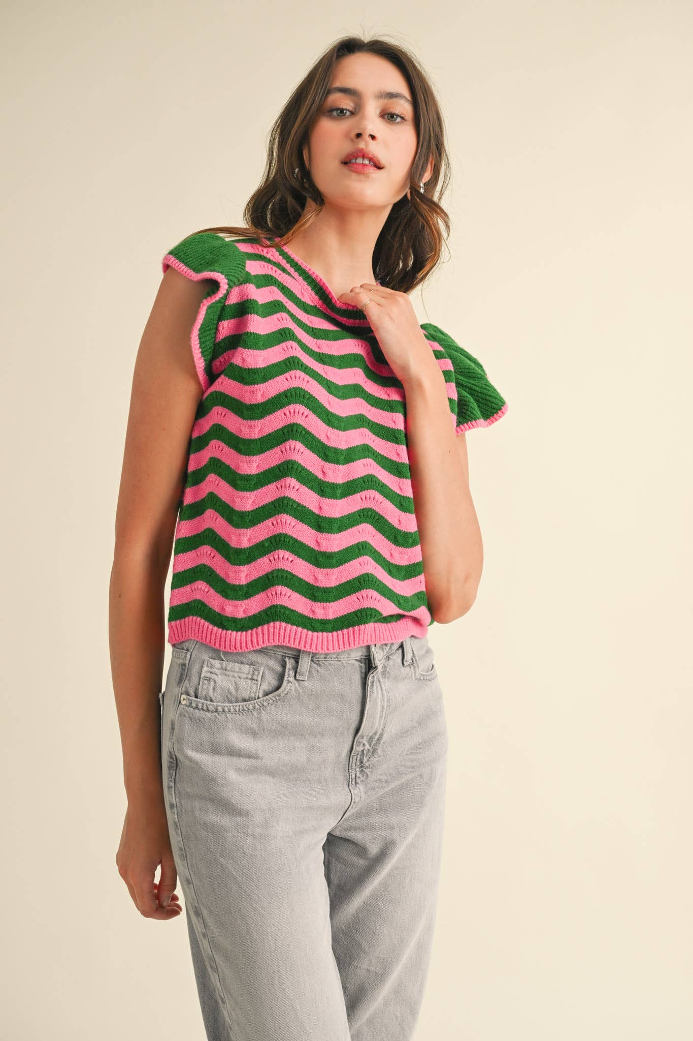 WAVY STRIPES FLUTTER SLEEVE SWEATER TOP MSW10509