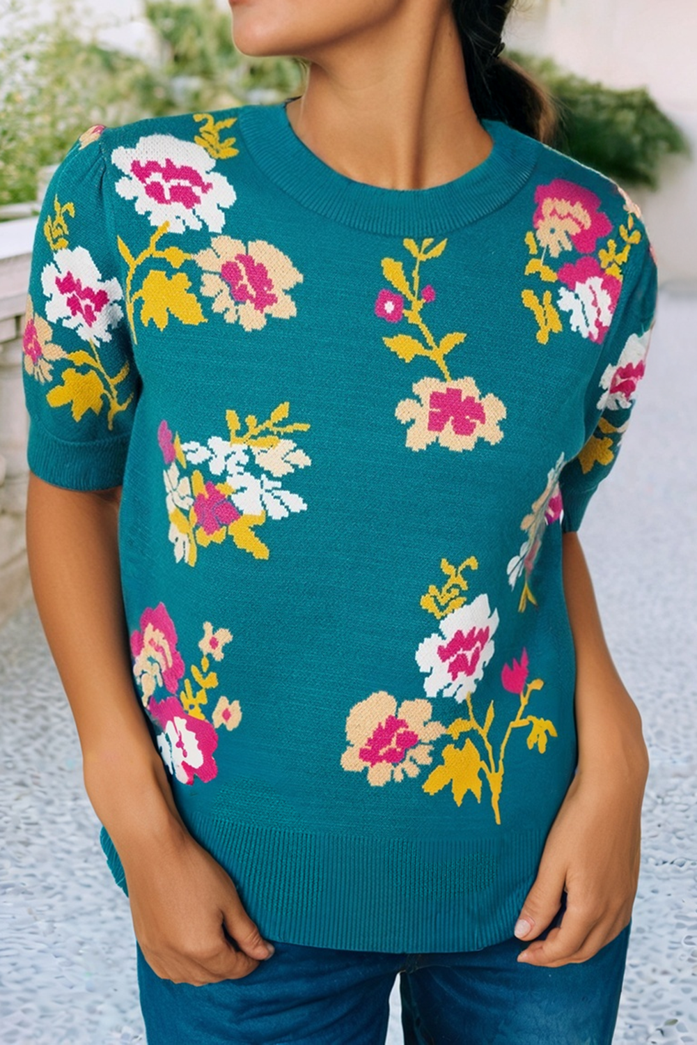 LDC Flower Pattern Knit Short Sleeve Top