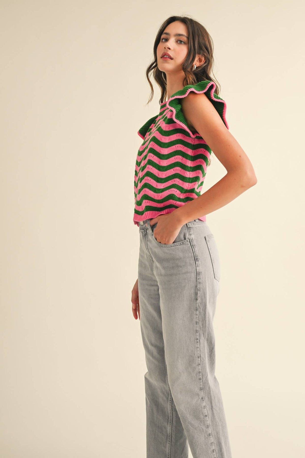 WAVY STRIPES FLUTTER SLEEVE SWEATER TOP MSW10509