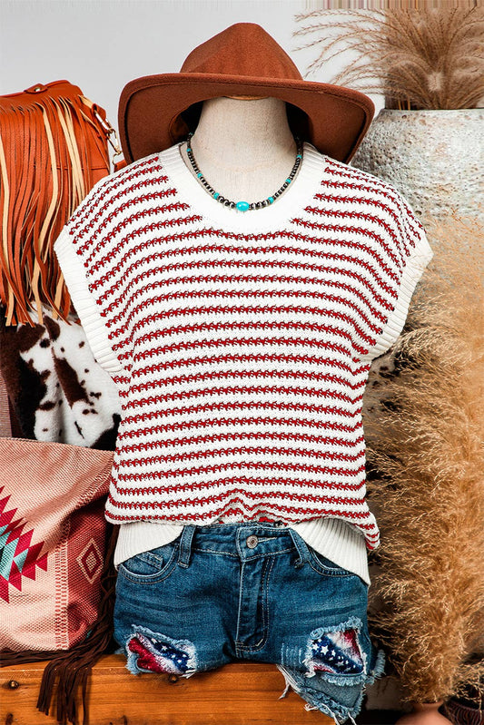 Fashion-W Stripe Ribbed Trim Loose Fit Knitted Sweater Vest