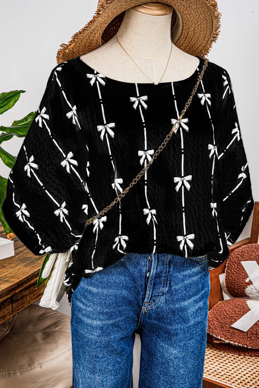 Fashion-W Bow Print Puff Short Sleeve Top