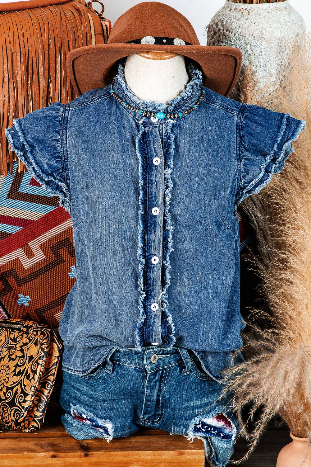 Fashion-W Western Button Ruffles Flutter Frayed Denim Top