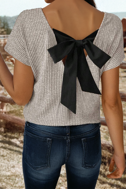 Fashion-W Ribbed Short Sleeve Colorblock Bow Back Top